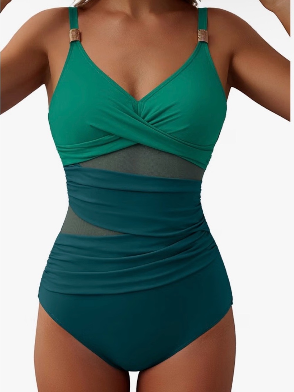 NWT Colorblock Green & Blue Tummy Control 1 Piece Swimsuit Ruched Twist Swimwear
